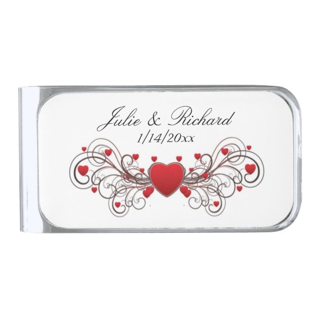 Hearts Wedding Silver Finish Money Clip (Front)
