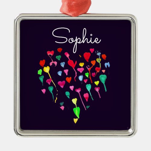 Hearts whimsical personalised name heart art metal ornament