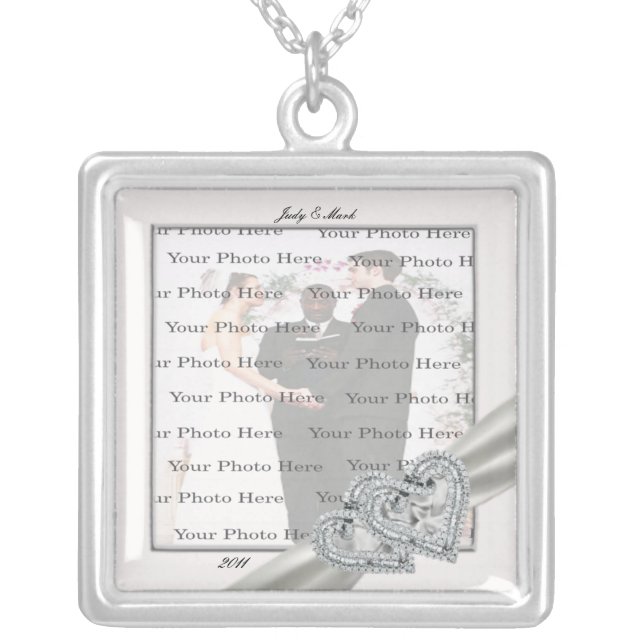 Hearts White Wedding Square Silver Necklace (Front)