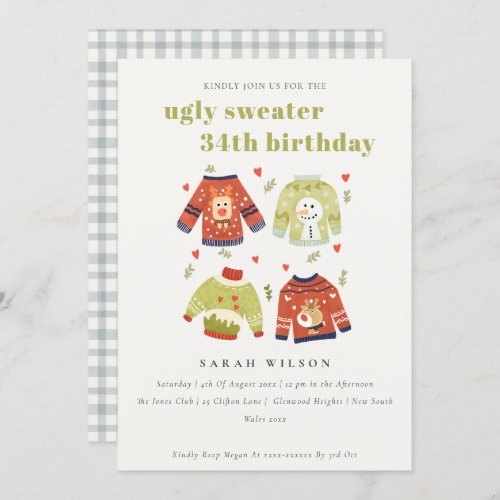 Hearts Winter Ugly Sweater Any Age Birthday Invite