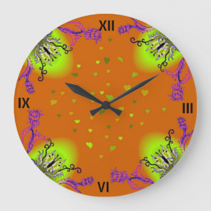Hearts with Flowers and Butterfly in Tattoo Style Large Clock