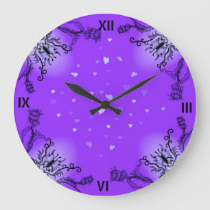 Hearts with Flowers and Butterfly in Tattoo Style Large Clock