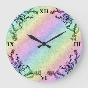 Hearts with Flowers and Butterfly in Tattoo Style Large Clock