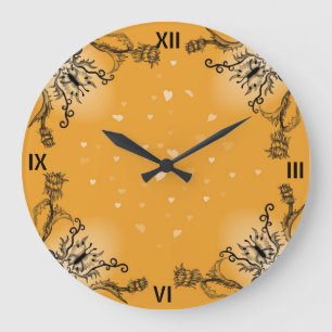 Hearts with Flowers and Butterfly in Tattoo Style Large Clock