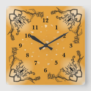 Hearts with Flowers and Butterfly in Tattoo Style Square Wall Clock