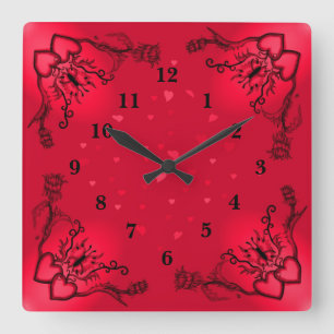 Hearts with Flowers and Butterfly in Tattoo Style Square Wall Clock