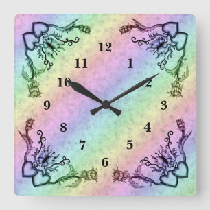 Hearts with Flowers and Butterfly in Tattoo Style Square Wall Clock