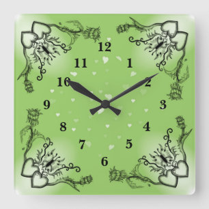 Hearts with Flowers and Butterfly in Tattoo Style Square Wall Clock