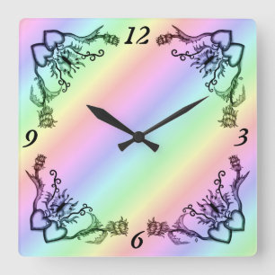Hearts with Flowers and Butterfly in Tattoo Style Square Wall Clock