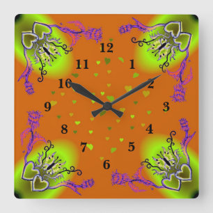Hearts with Flowers and Butterfly in Tattoo Style Square Wall Clock