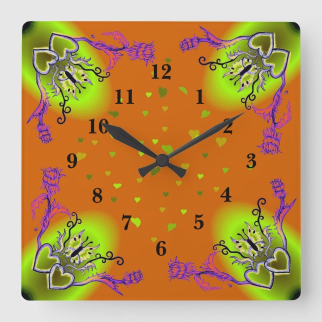 Hearts with Flowers and Butterfly in Tattoo Style Square Wall Clock (Front)
