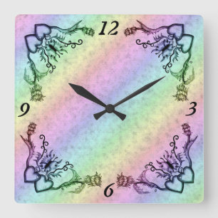 Hearts with Flowers and Butterfly in Tattoo Style Square Wall Clock