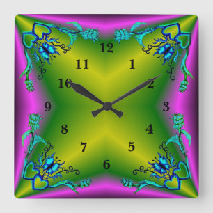 Hearts with Flowers and Butterfly in Tattoo Style Square Wall Clock