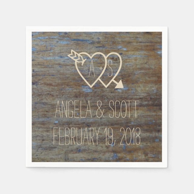 Hearts with Initials Rustic Wood Wedding Paper Napkins (Front)