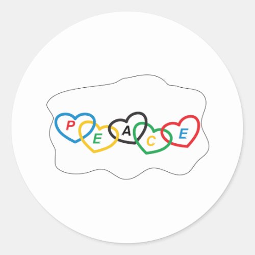 Hearts with Olympic colors and text peace Classic Round Sticker