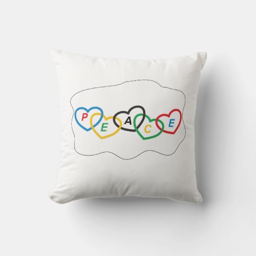 Hearts with Olympic colors and text peace Throw Pillow
