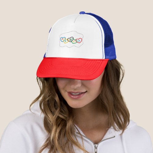 Hearts with Olympic colors and text peace Trucker Hat