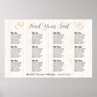 Hearts Wood Rustic Wedding Seating Chart Poster