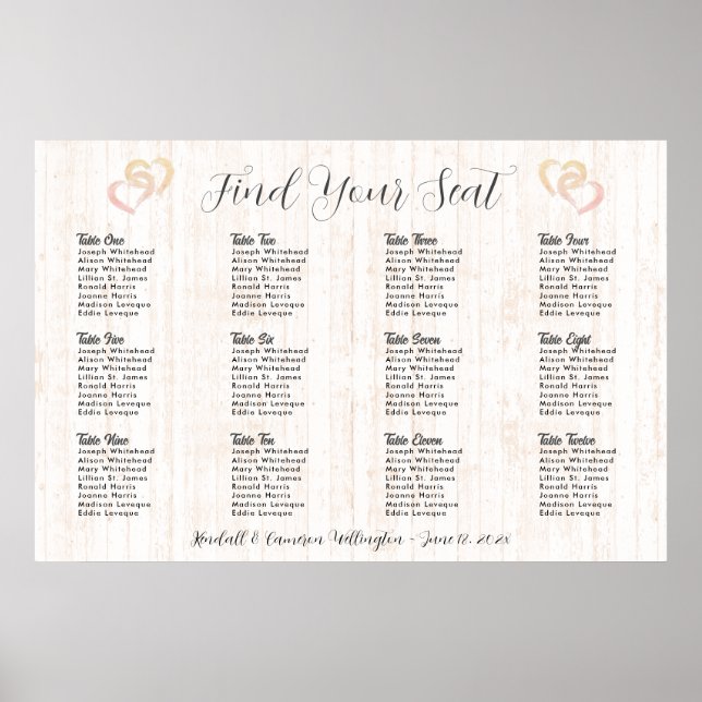 Hearts Wood Rustic Wedding Seating Chart Poster (Front)