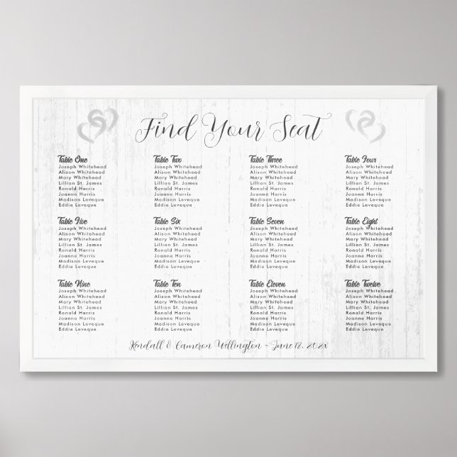 Hearts Wood Rustic Wedding Seating Chart Poster (Framed Front)