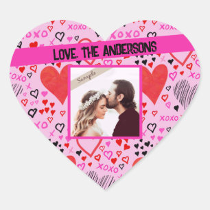 Hearts, XOXO Pink Pattern, Personalized Name Photo Heart Sticker