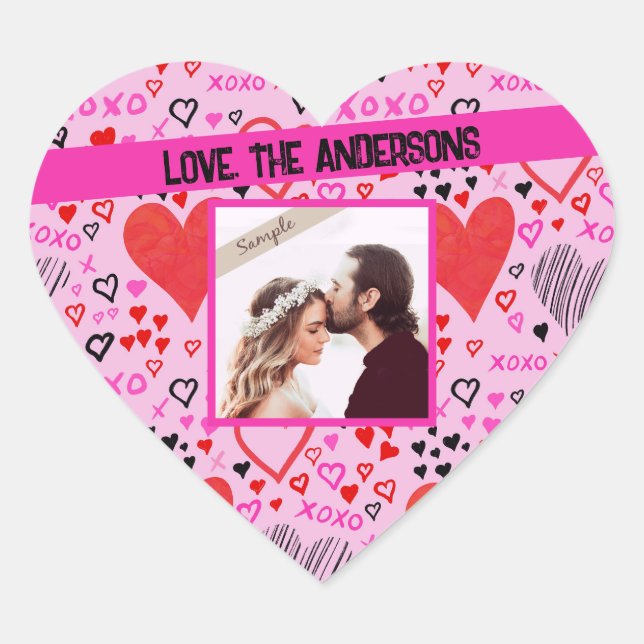 Hearts, XOXO Pink Pattern, Personalized Name Photo Heart Sticker (Front)