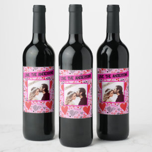 Hearts, XOXO Pink Pattern, Personalized Name Photo Wine Label