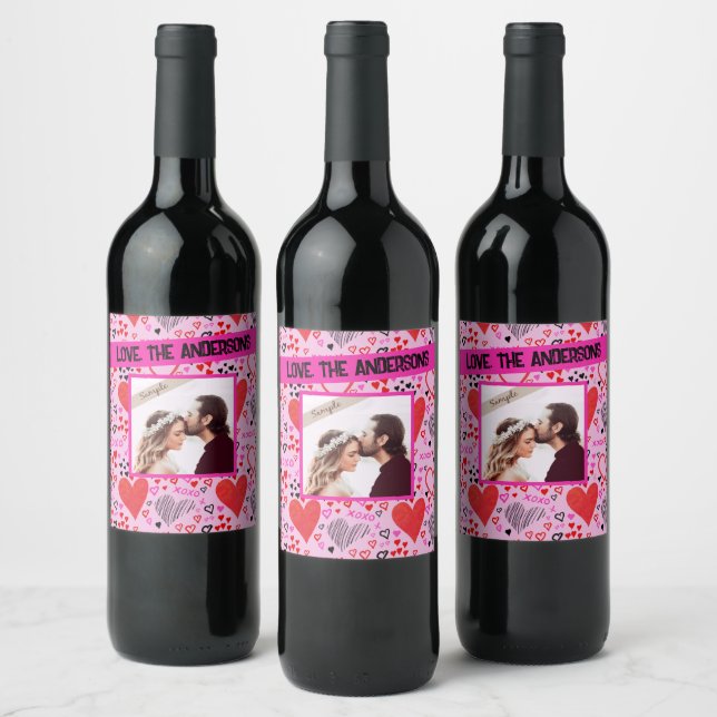 Hearts, XOXO Pink Pattern, Personalized Name Photo Wine Label (Bottles)