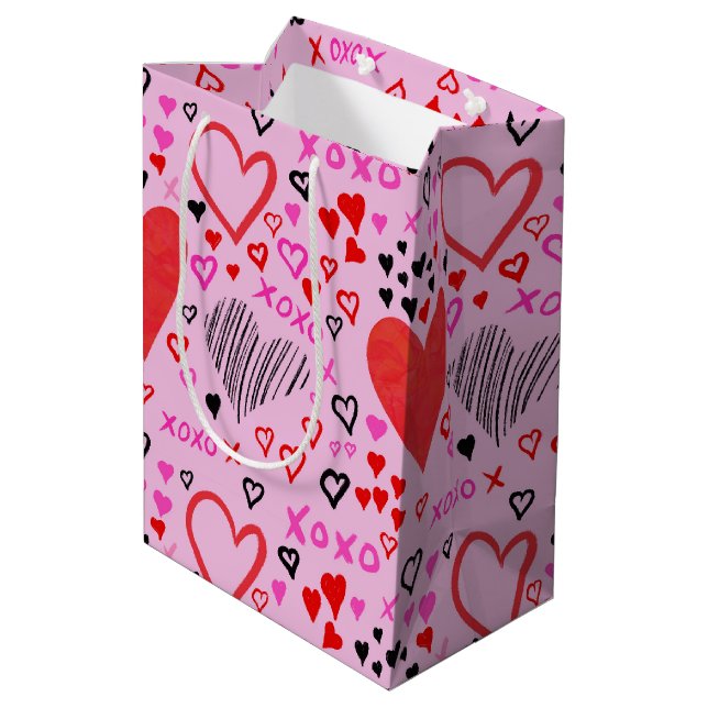 Hearts, XOXO Pink Pattern Wrapping Paper Medium Gift Bag (Back Angled)