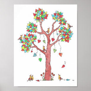 Heartstrings Watercolor Tree with Birds Poster