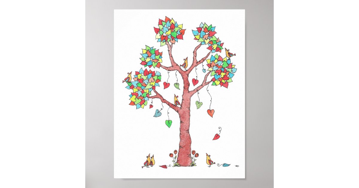 Heartstrings Watercolor Tree with Birds Poster | Zazzle