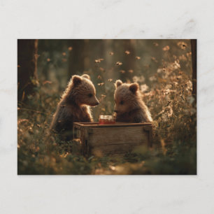 Heartwarming Bear Cubs and Honey Jar in Forest Postcard