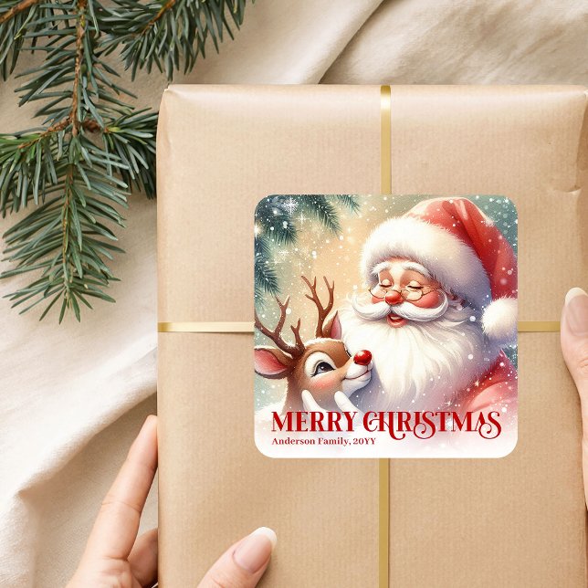 Heartwarming Personalized Santa and Rudolph Sticke Square Sticker (Heartwarming Personalized Santa and Rudolph Sticker)