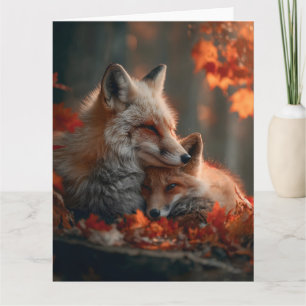 Heartwarming Red Fox Pair in Autumn Forest Leaves Card