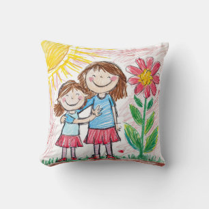 Heartwarming Sisterly Love Crayon Drawing Throw Pillow