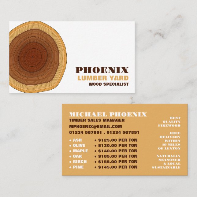 Heartwood, Lumber/Timber/Wood Yard Business Card (Front/Back)