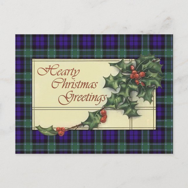 Hearty Christmas Greetings, Graham Tartan Holiday Postcard (Front)
