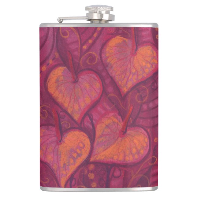 Hearty Flowers, floral hearts, pink, red & orange Flask (Front)