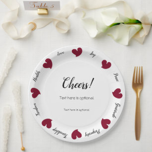 Hearty Hearts Burgundy - Custom Text Center Paper Plates
