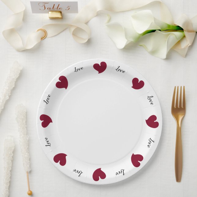 Hearty Hearts Burgundy - Custom Text Paper Plates (Wedding)
