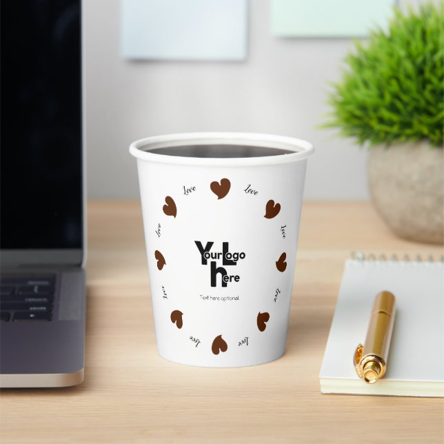 Hearty Hearts Dark Brown - Custom Text and Logo Paper Cups (Insitu)