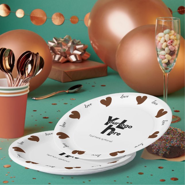 Hearty Hearts Dark Brown - Custom Text and Logo Paper Plates (Multi)