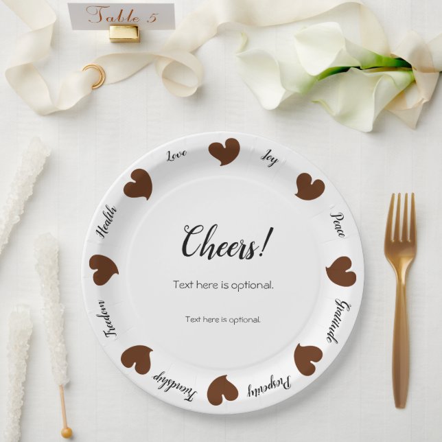 Hearty Hearts Dark Brown - Custom Text Center Paper Plates (Wedding)