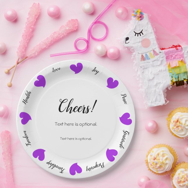Hearty Hearts Purple - Custom Text Center Paper Plates (Party)