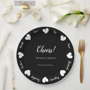Hearty Hearts White and Black-Custom Text Center Paper Plates
