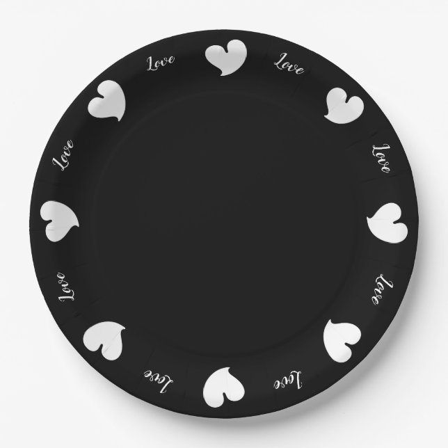 Hearty Hearts White and Black - Custom Text Paper Plates (Front)