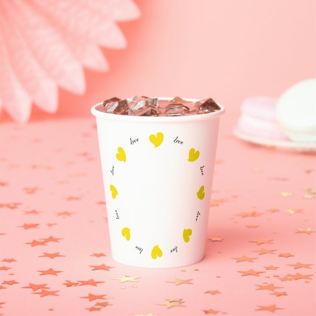 Hearty Hearts Yellow - Custom Text Paper Cups (Insitu)