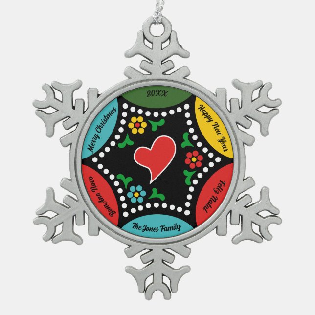 Hearty Portuguese Christmas Party and Gifts Snowflake Pewter Christmas Ornament (Front)