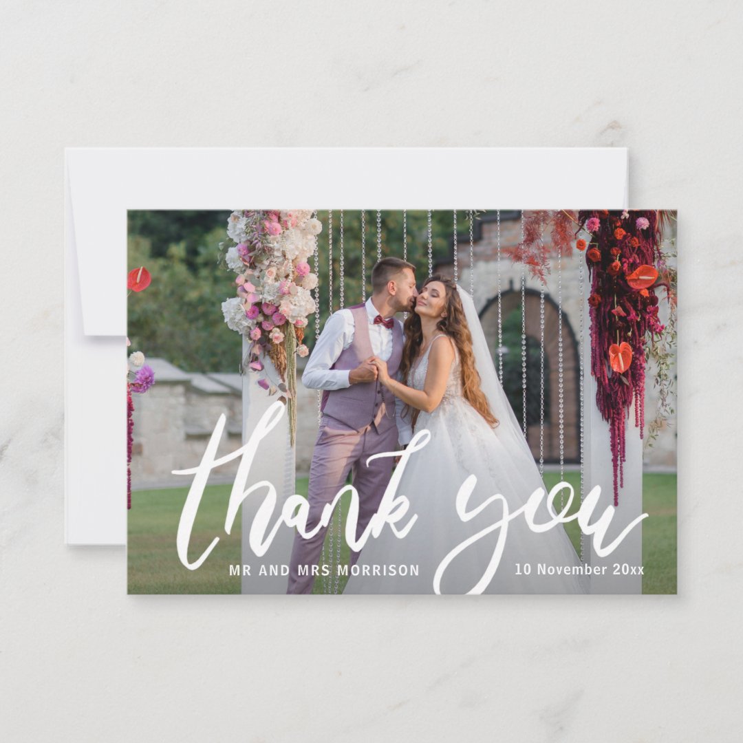 Hearty thank you brush script wedding photo card | Zazzle