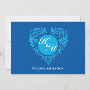 HeartyParty Cobalt Blue And Turquoise Damask Heart Invitation
